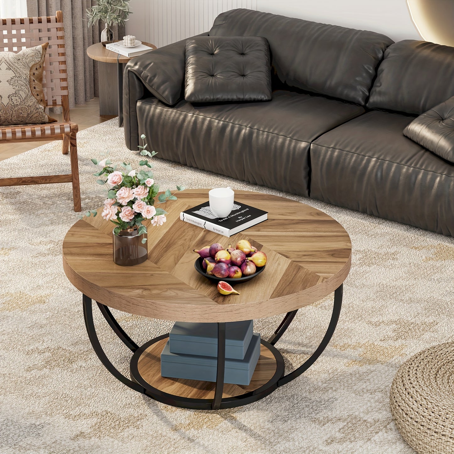 Nutshell wooden circular coffee table with metal frame in modern living room setting