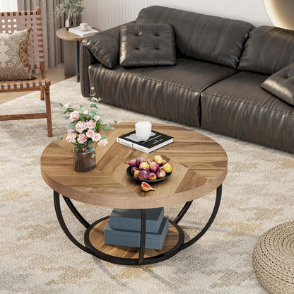 Nutshell wooden circular coffee table with metal frame in modern living room setting