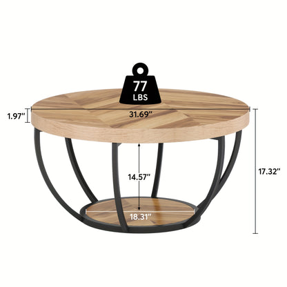 Nutshell wooden circular coffee table with a stylish design and sturdy metal frame measuring 31.31 inches