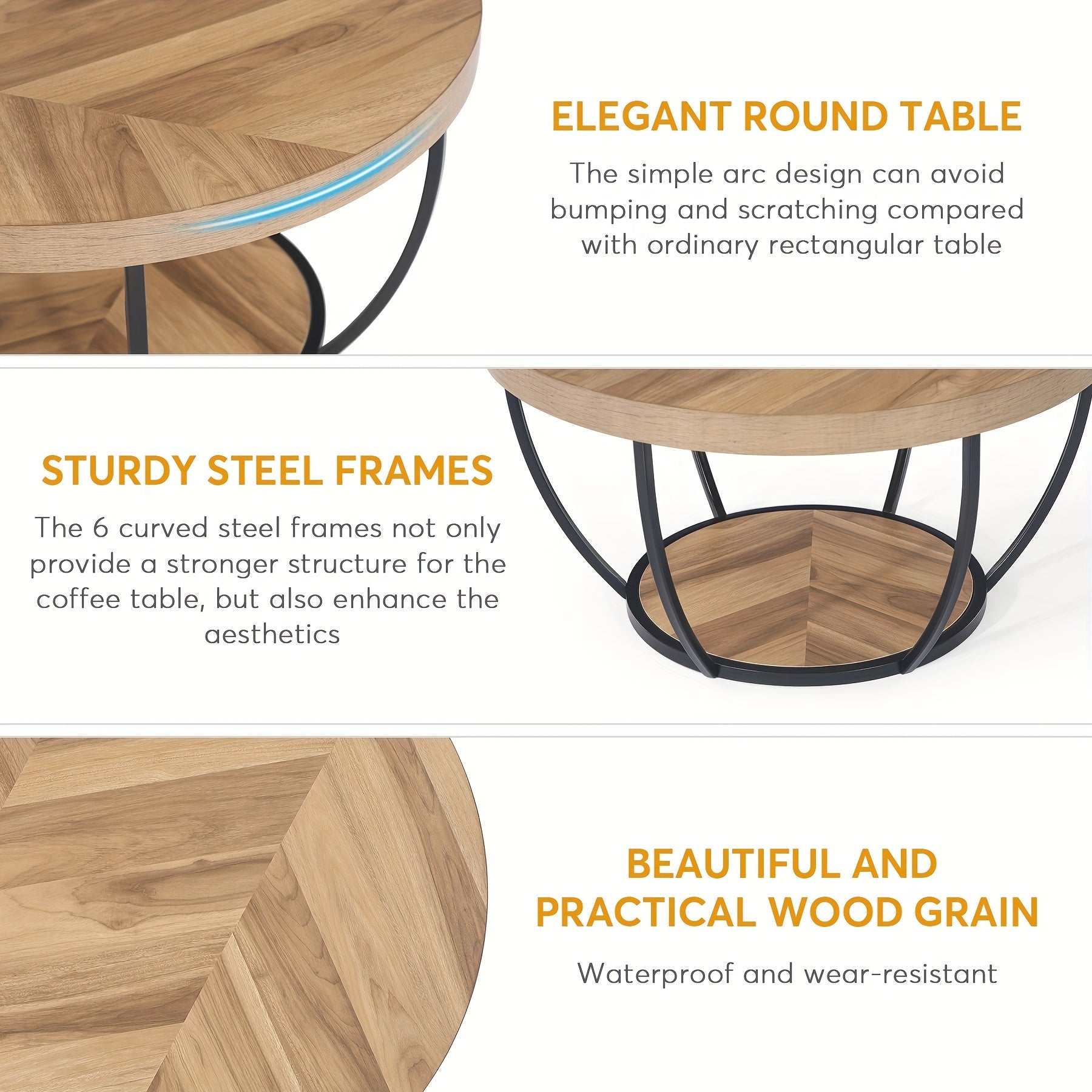 Nutshell wooden circular coffee table with sturdy steel frame and beautiful wood grain design