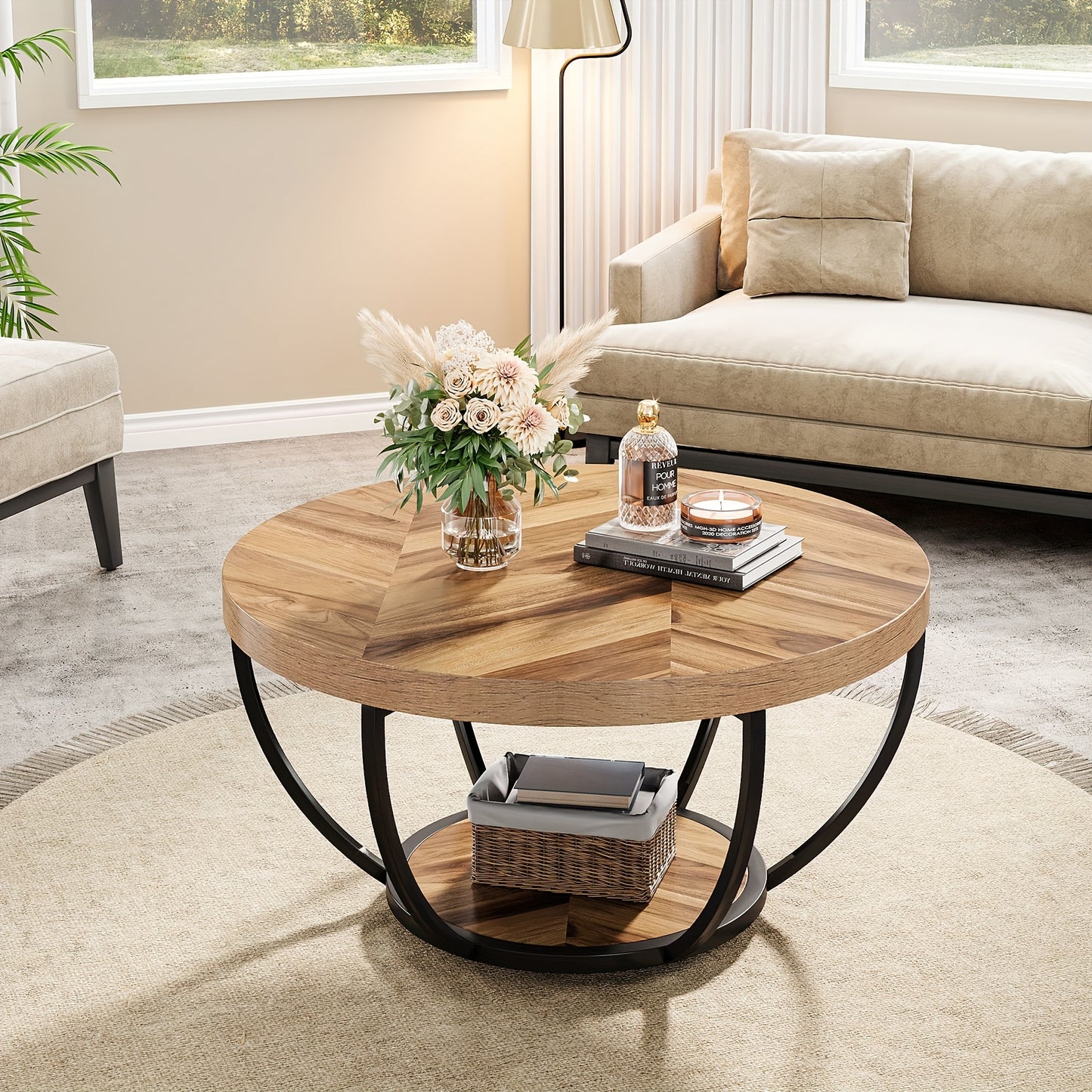 Nutshell wooden circular coffee table with a stylish design and storage basket for modern living rooms