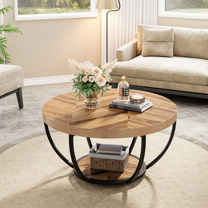 Nutshell wooden circular coffee table with a stylish design and storage basket for modern living rooms