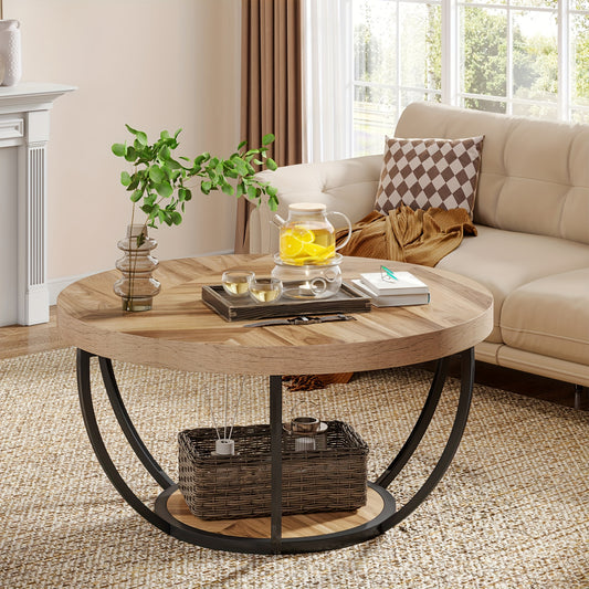 Nutshell wooden circular coffee table with metal frame in living room with glass pitcher and decor