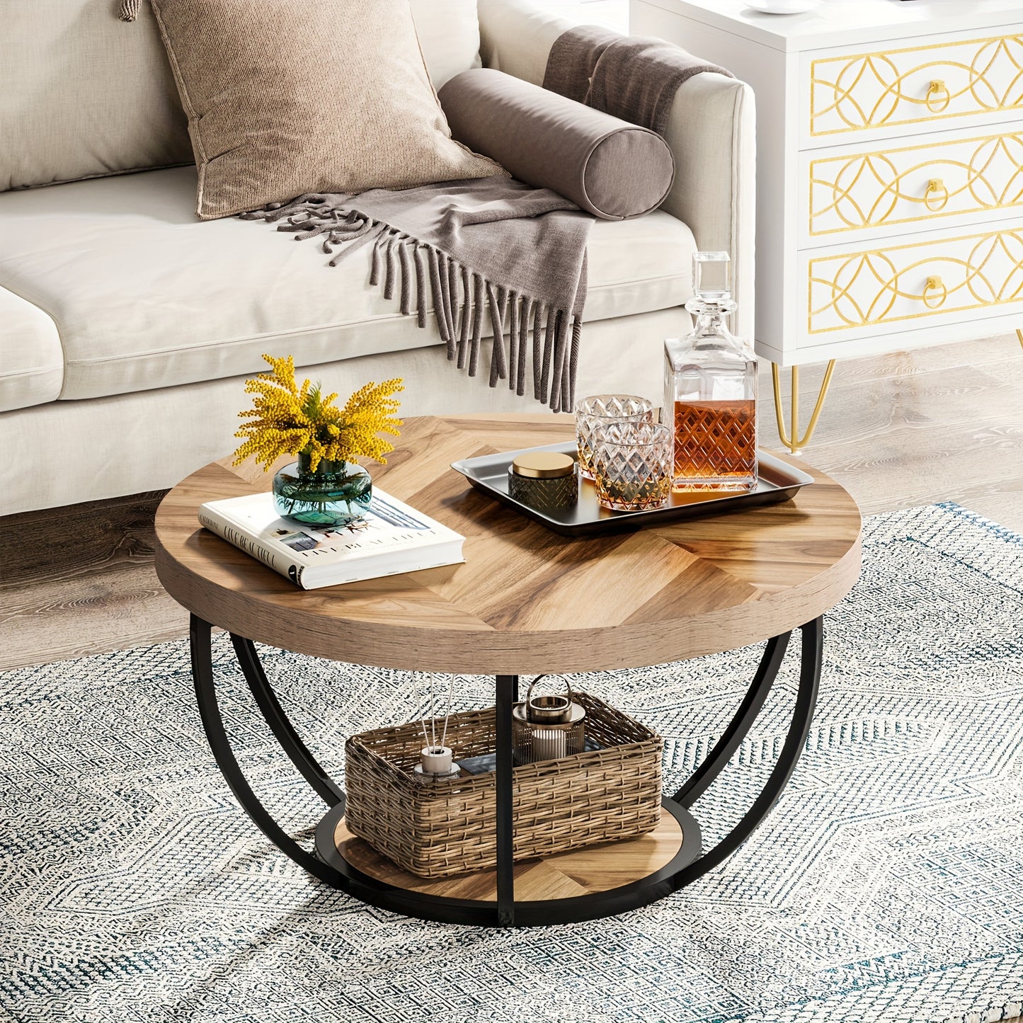 Nutshell wooden circular coffee table with a stylish design and lower storage shelf for decor and essentials