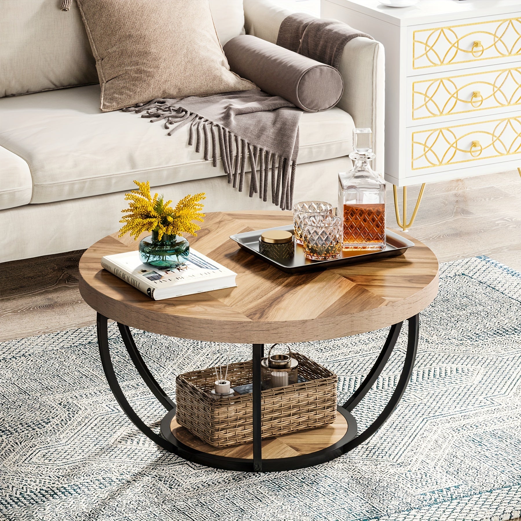 Nutshell wooden circular coffee table with a stylish design and lower storage shelf for decor and essentials
