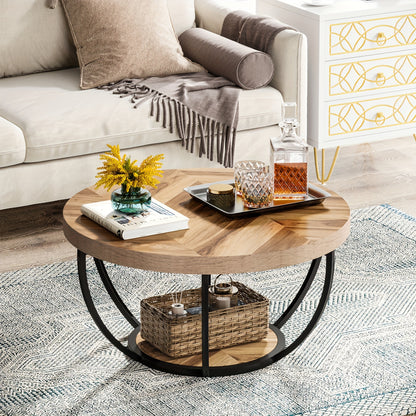 Nutshell wooden circular coffee table with a stylish design and lower storage shelf for decor and essentials