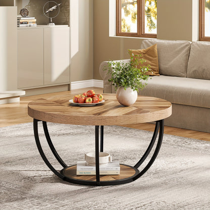 Nutshell wooden circular coffee table with modern design and black metal base in a cozy living room setting