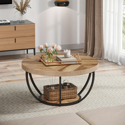 Nutshell wooden circular coffee table with black metal base in modern living room setting