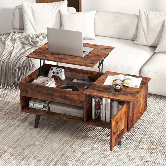 Nutshell wooden lift top coffee table with storage compartments and dark wood finish in living room