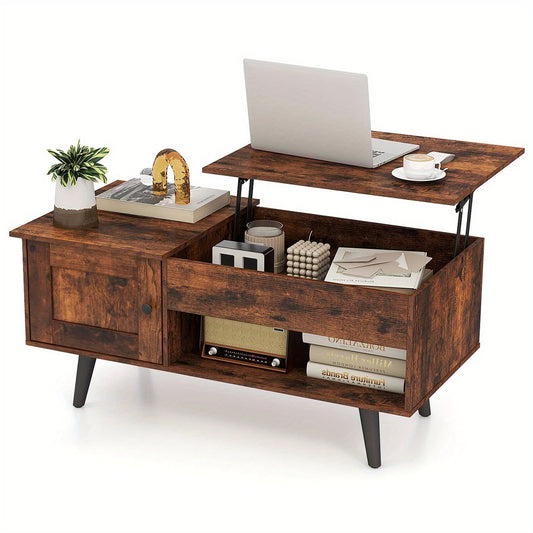 Nutshell wooden lift top coffee table with storage compartment, cabinet, and dark brown finish