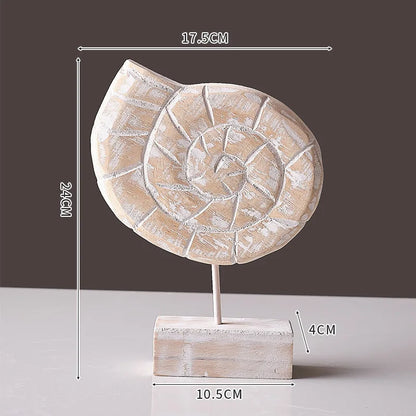 Nutshell wooden ocean theme decorations shaped like a spiral seashell ornament on a stand