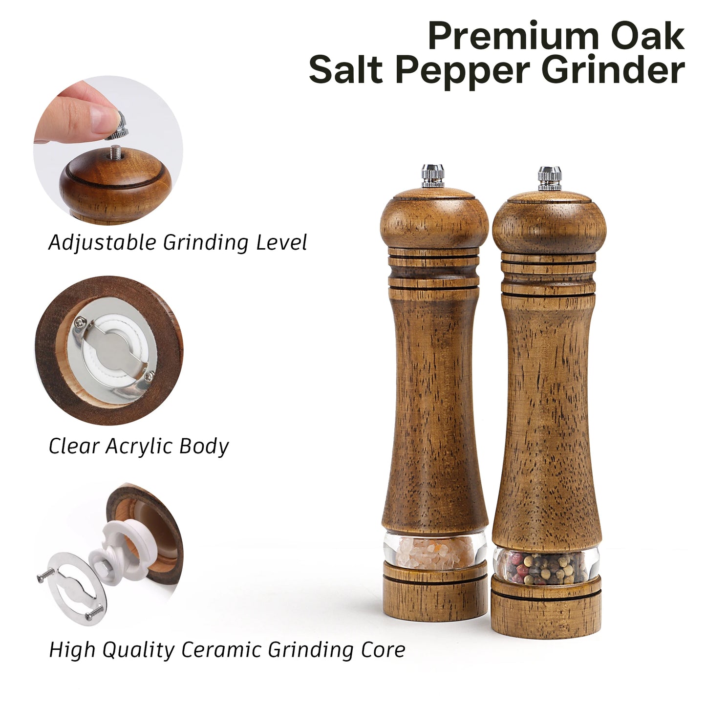 Nutshell wooden salt and pepper grinder set with adjustable grinding level and ceramic core