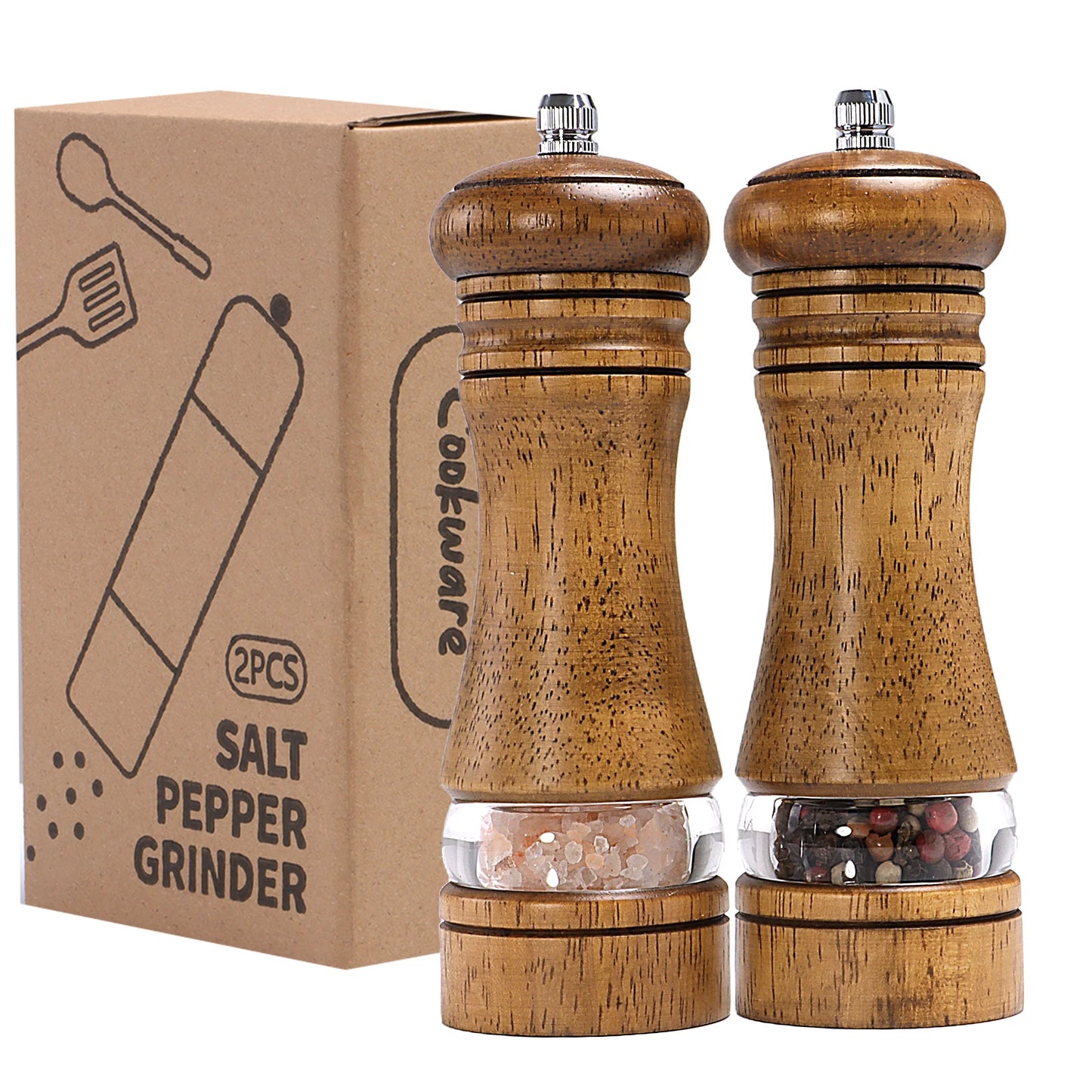 Nutshell wooden salt and pepper grinder set with clear bottom compartments and adjustable tops