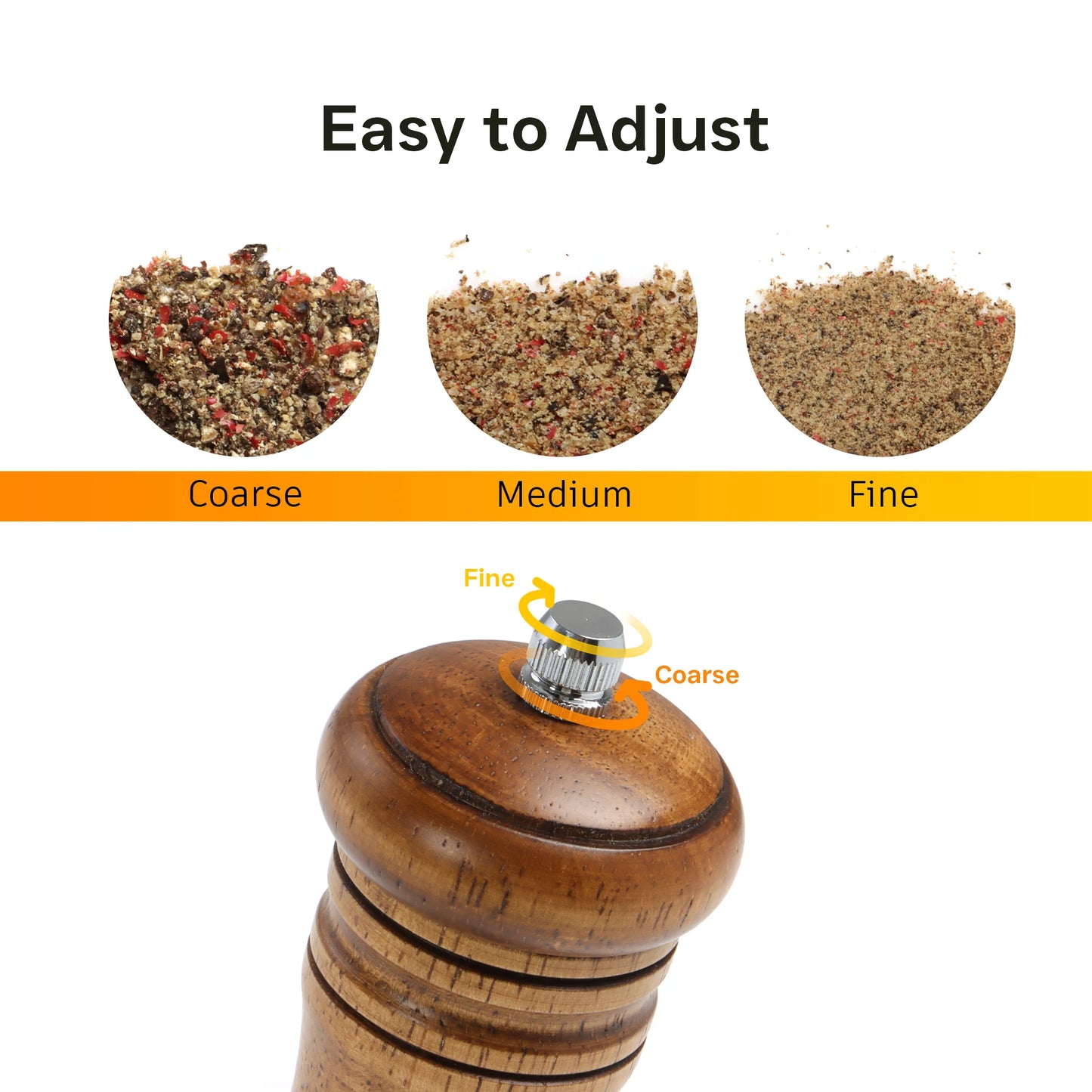 Close-up of wooden salt and pepper grinder set showing adjustable grind settings from coarse to fine