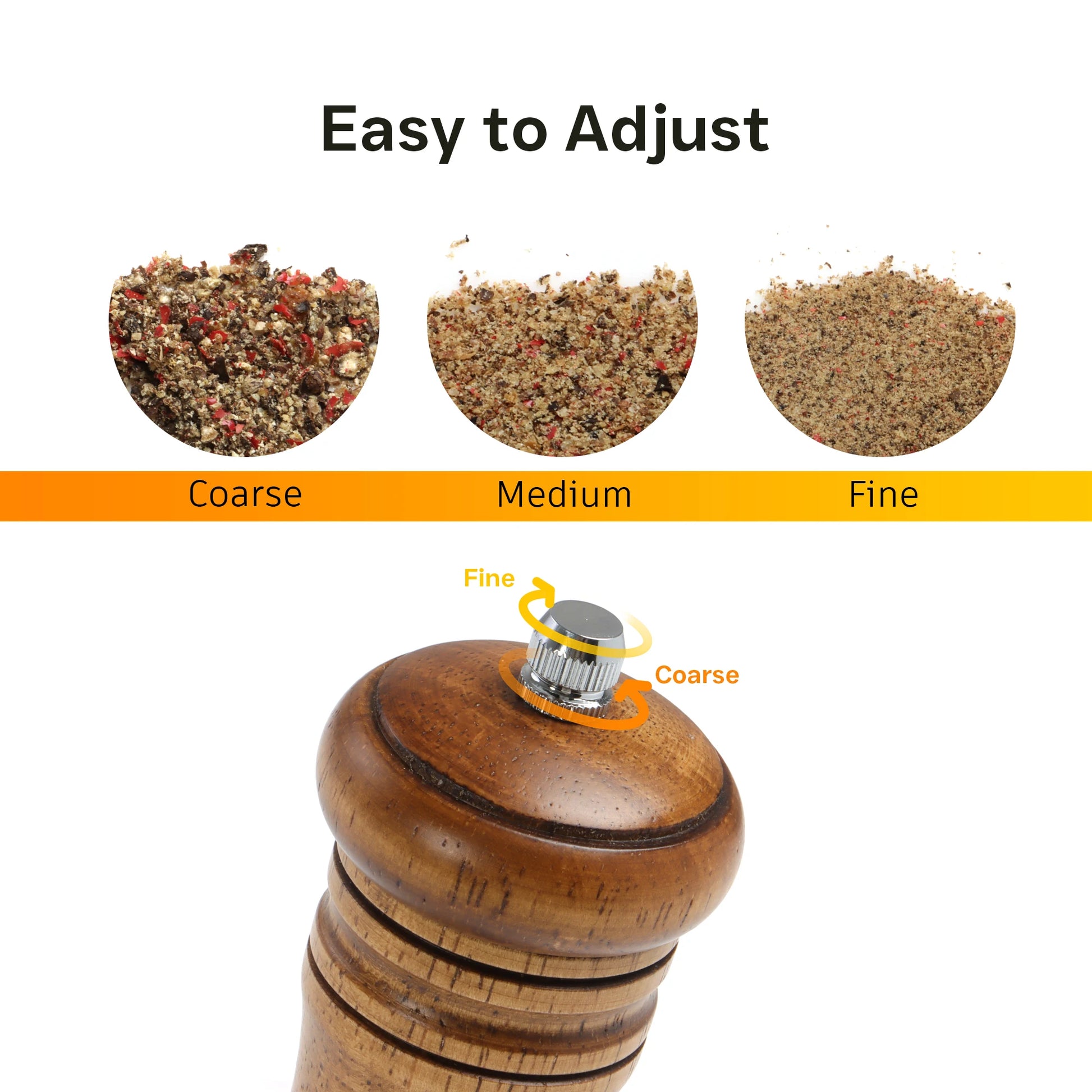 Close-up of wooden salt and pepper grinder set showing adjustable grind settings from coarse to fine