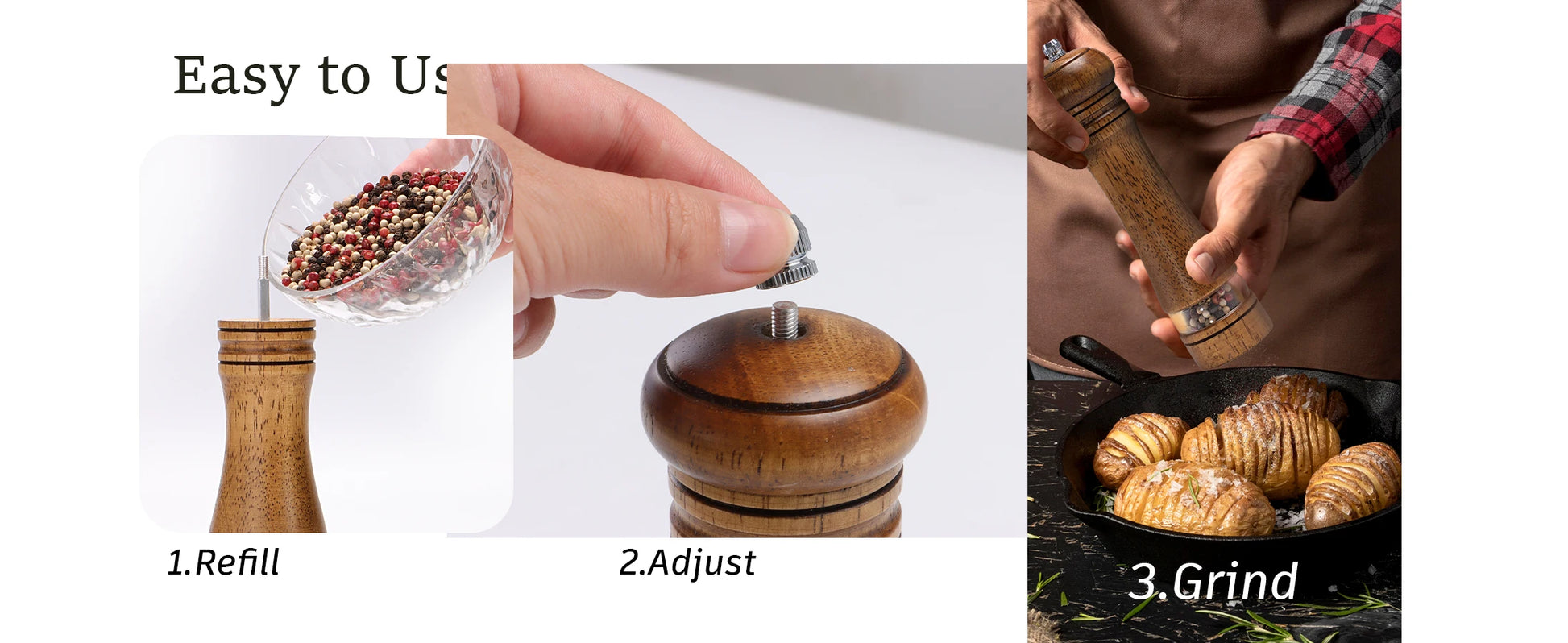 Nutshell wooden salt and pepper grinder set showing refill, adjust, and grind steps for kitchen organization