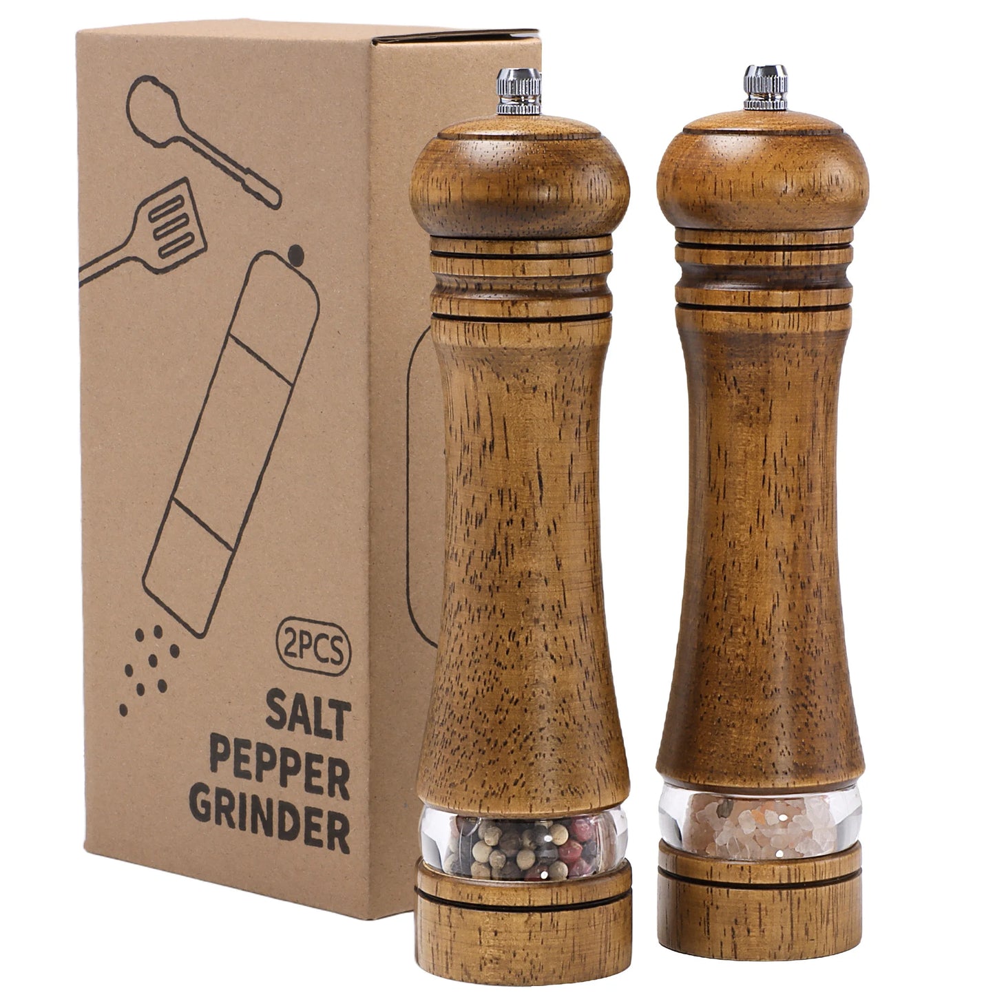 Nutshell wooden salt and pepper grinder set with clear middle section and metal top knobs