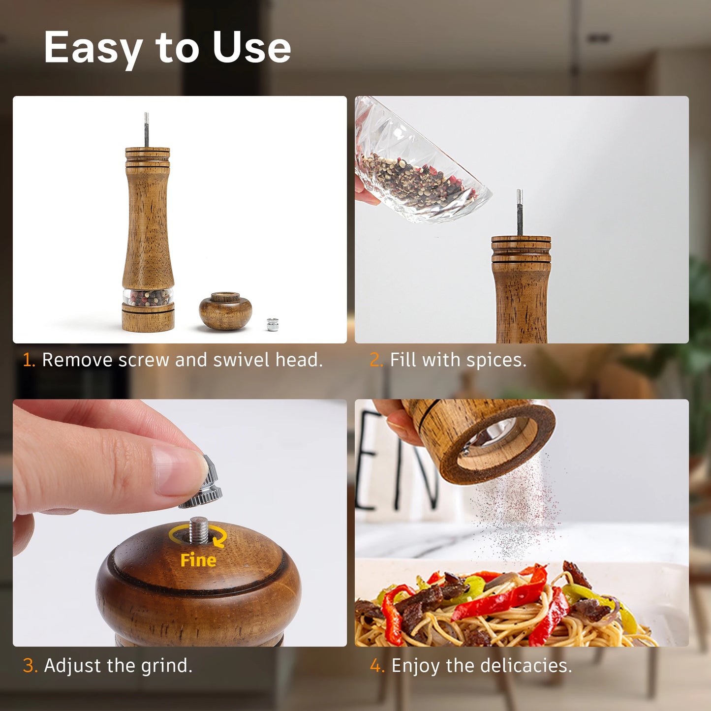 Step-by-step use of wooden salt and pepper grinder set showing filling, adjusting grind, and seasoning food