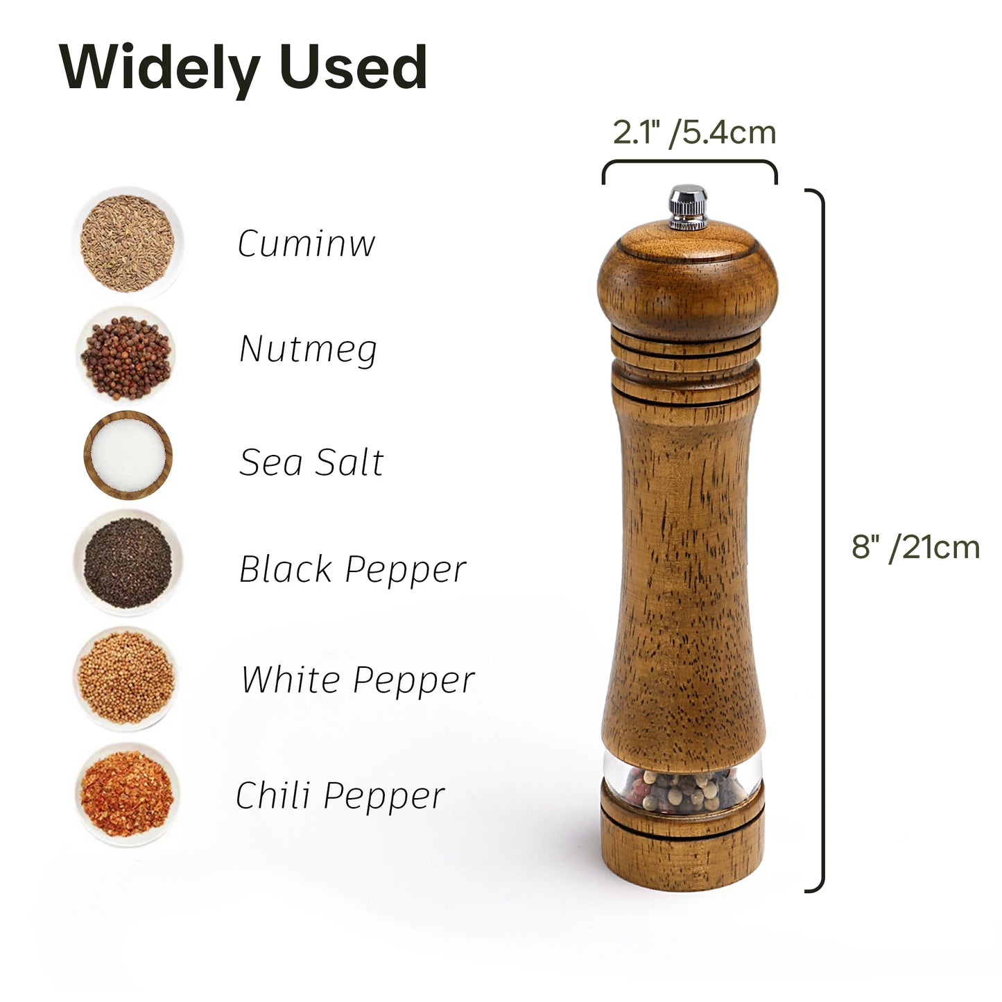 Nutshell wooden salt and pepper grinder set with natural wood finish and measurements 8 inches tall and 2.1 inches wide