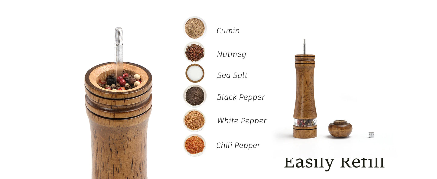 Nutshell wooden salt and pepper grinder set with labeled spices for easy seasoning and refill