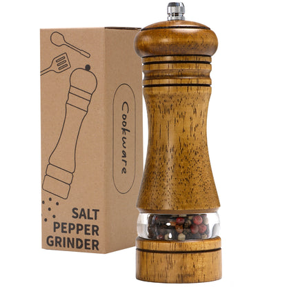 Nutshell wooden salt and pepper grinder set with clear spice chamber and ergonomic design