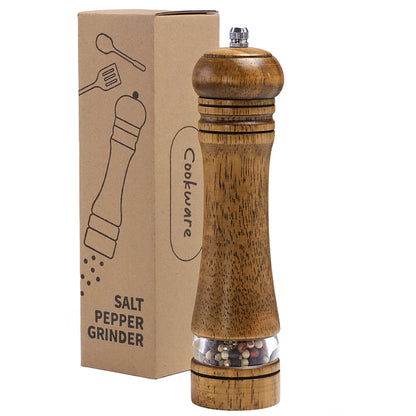 Nutshell wooden salt and pepper grinder set with clear spice compartment and ergonomic design