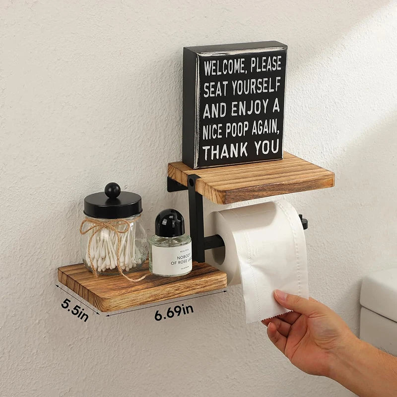 Wooden Toilet Paper Holder with Two Shelves for Bathroom Storage and Organization