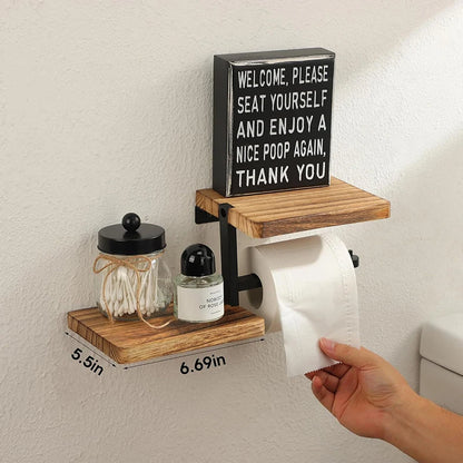 Wooden Toilet Paper Holder with Two Shelves for Bathroom Storage and Organization