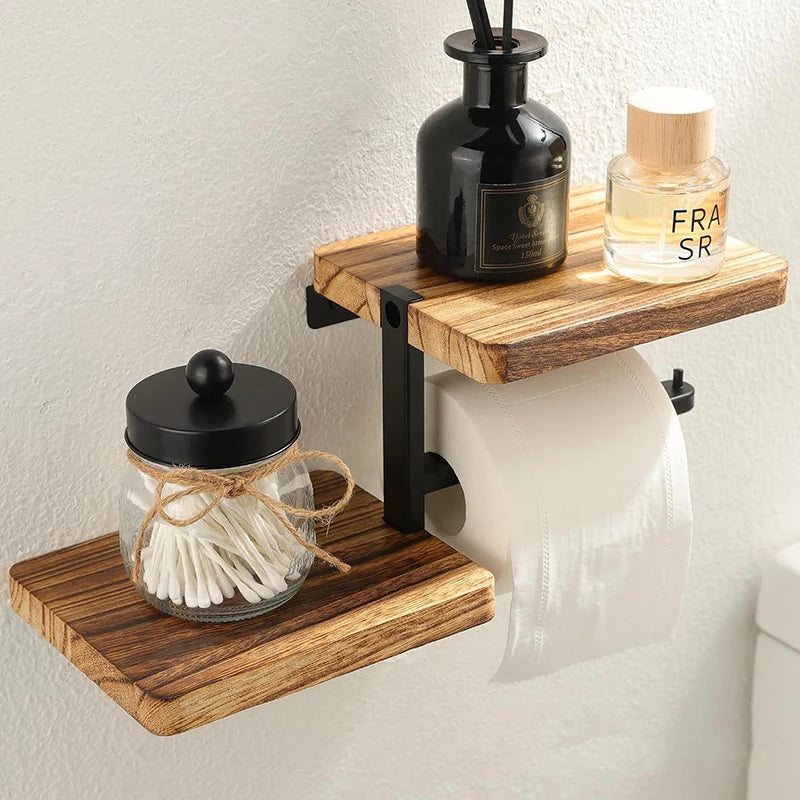 Stylish Wooden Toilet Paper Holder with Two Shelves for Bathroom Storage and Organization
