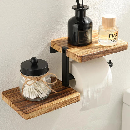 Stylish Wooden Toilet Paper Holder with Two Shelves for Bathroom Storage and Organization