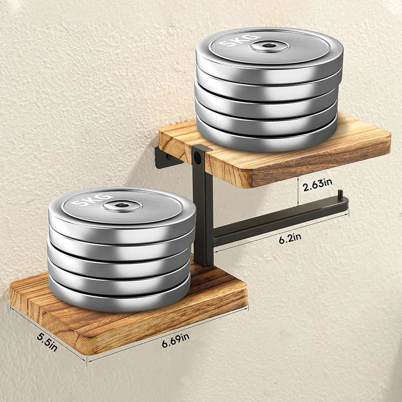 Wooden Toilet Paper Holder with sturdy metal support and decorative wooden shelves for stylish bathroom storage