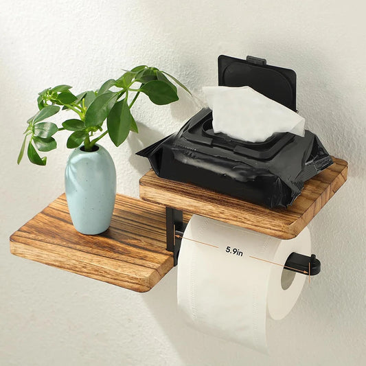 Wooden Toilet Paper Holder with shelf for tissues and decorative plant vase