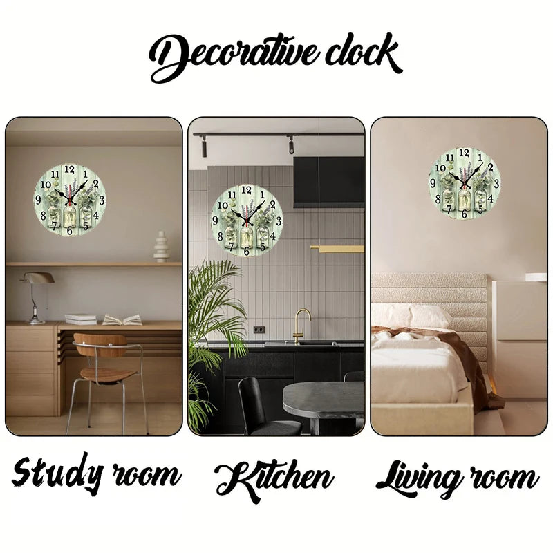 Nutshell wooden wall clock for home decor displayed in study, kitchen, and living room settings