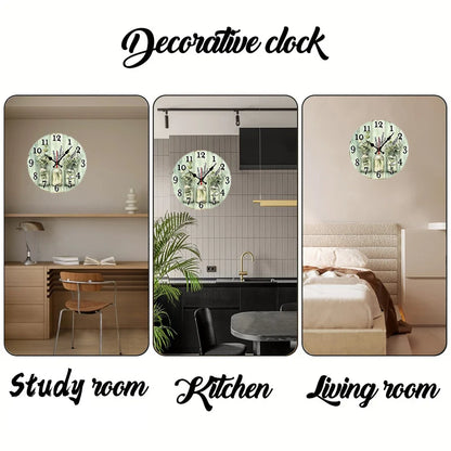 Nutshell wooden wall clock for home decor displayed in study, kitchen, and living room settings