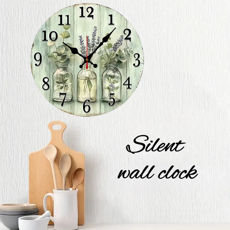 Beautiful wooden wall clock for home decor featuring plants and a silent mechanism on a stylish background