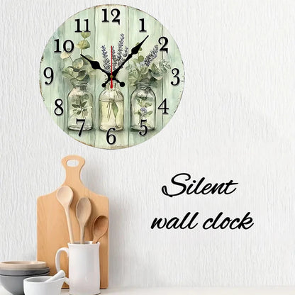 Beautiful wooden wall clock for home decor featuring plants and a silent mechanism on a stylish background
