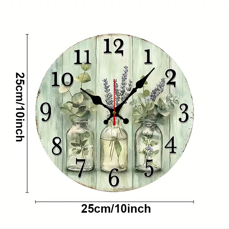 Decorative wooden wall clock for home decor featuring botanical design and clear numerals