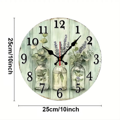 Decorative wooden wall clock for home decor featuring botanical design and clear numerals