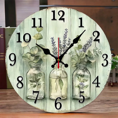 Nutshell wooden wall clock for home decor featuring a floral design and bold numbers