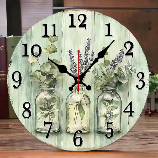 Nutshell wooden wall clock for home decor featuring a floral design and bold numbers