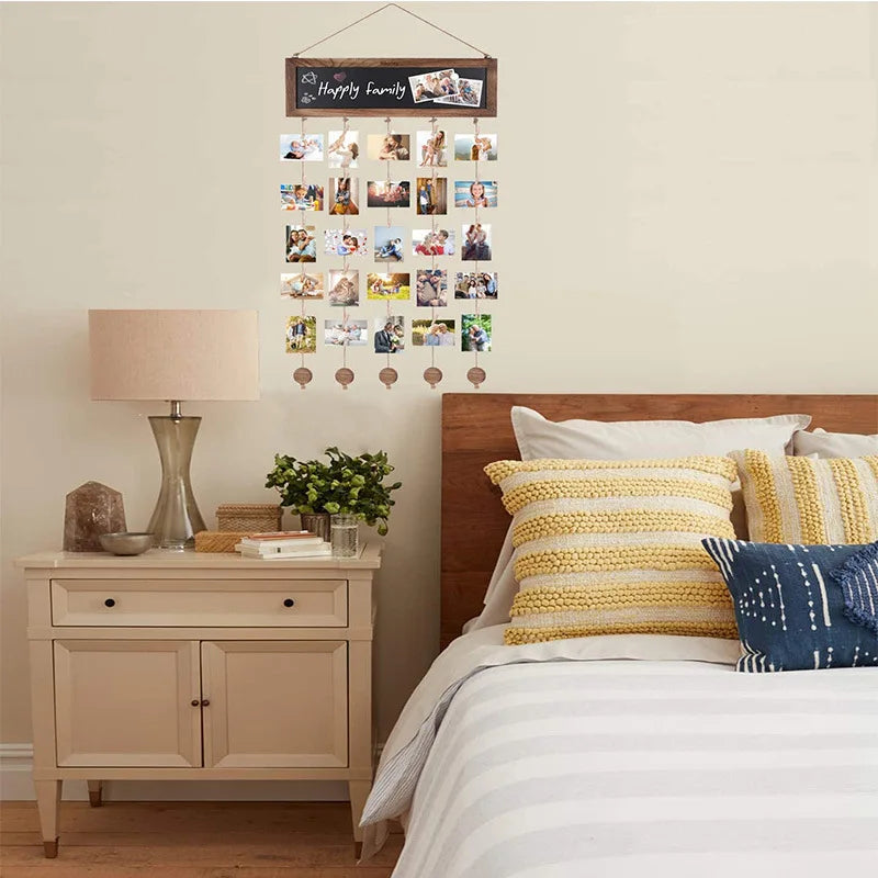 Nutshell wooden wall photo clips display for family photos in a cozy bedroom setting