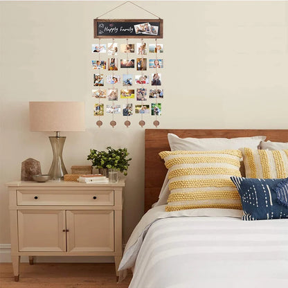 Nutshell wooden wall photo clips display with room decor and cozy bedding for personalized photo storage