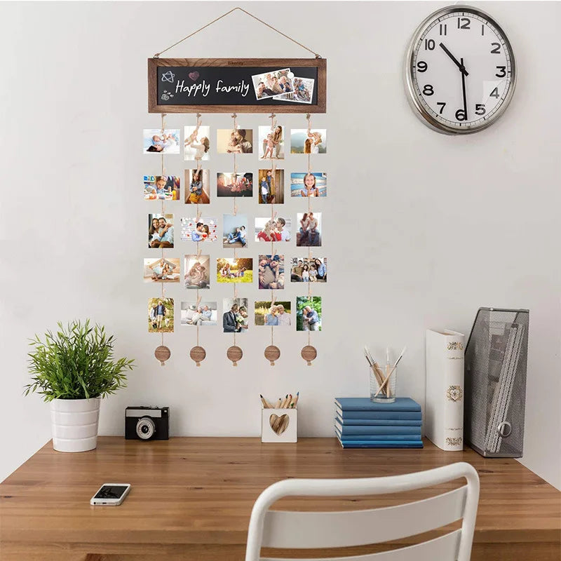 Nutshell wooden wall photo clips display with photos arranged stylishly for personal decor
