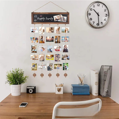 Nutshell wooden wall photo clips display featuring multiple photos hanging stylishly on a wall