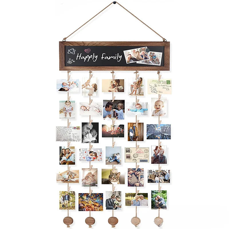 Nutshell wooden wall photo clips display with space for multiple family photos and memories