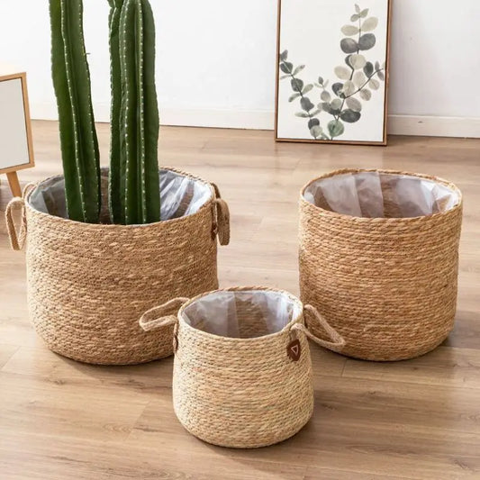Set of three Woven Pot Plant Baskets in natural fibers for indoor plants with handles