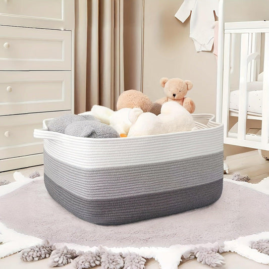 Woven Rope Storage Basket with Handles filled with plush toys in a nursery setting