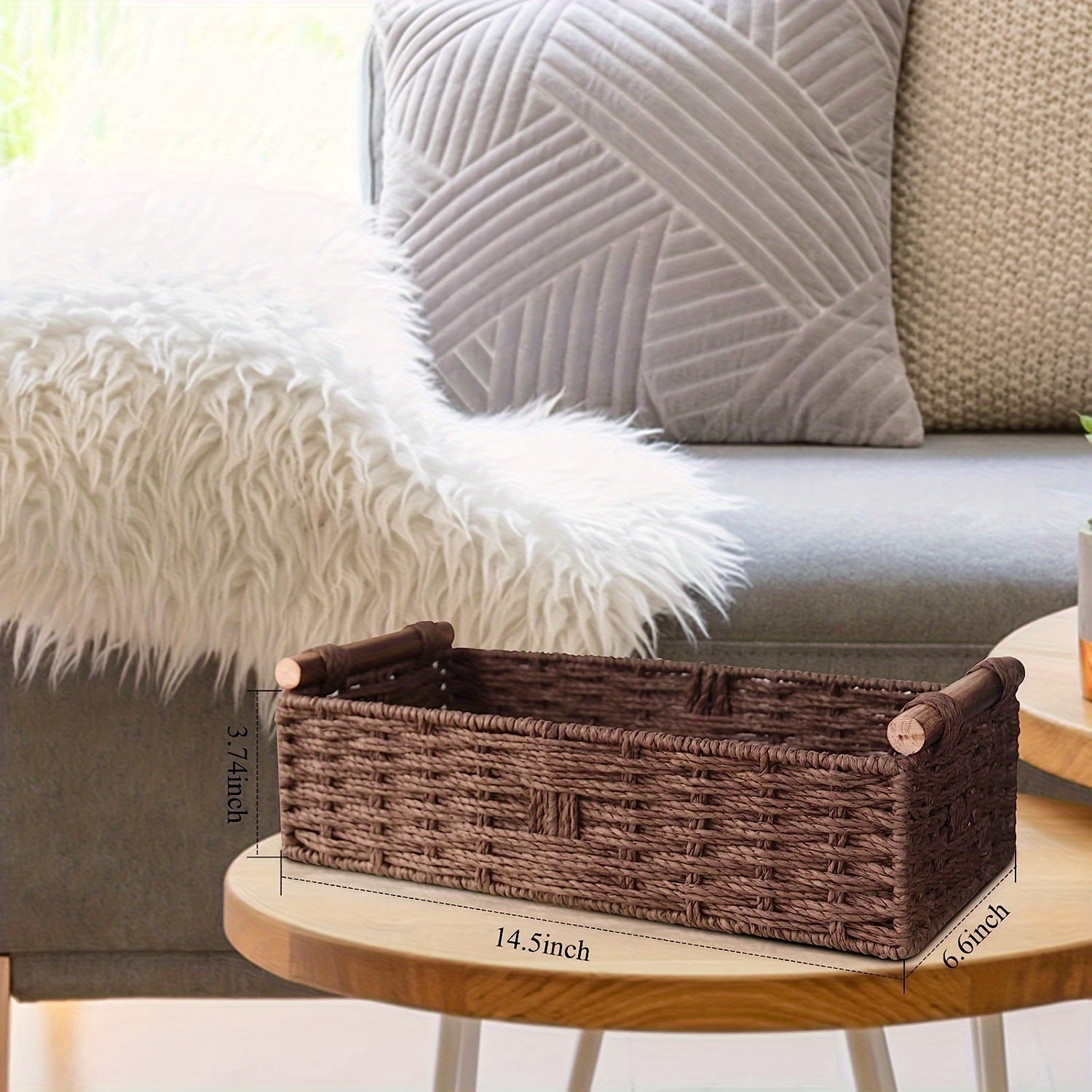 Nutshell woven storage basket in dark brown, ideal for organizing items on a coffee table or shelf