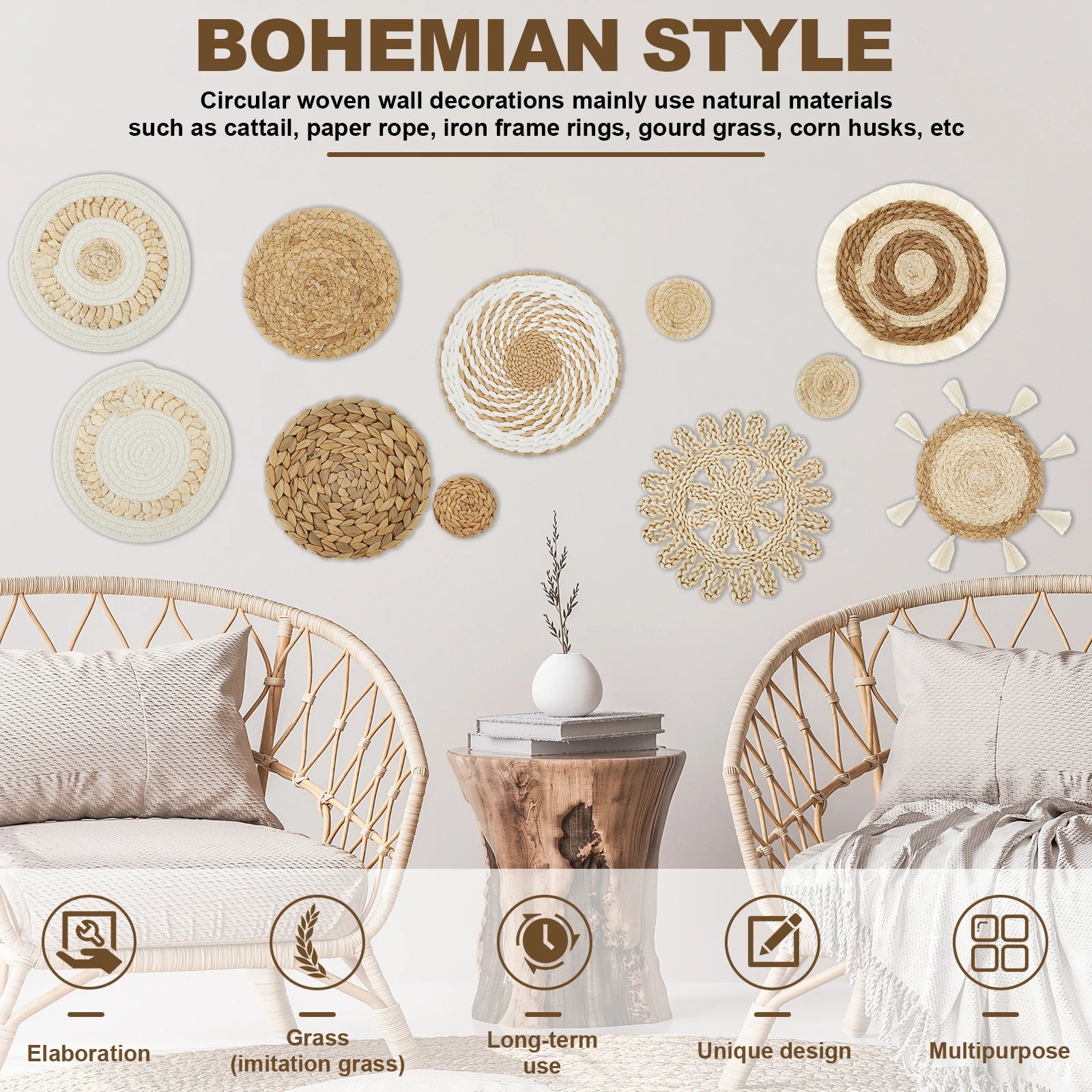 Woven wall basket decor set featuring circular natural fiber designs in a bohemian style