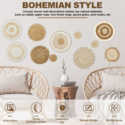 Woven wall basket decor set featuring circular natural fiber designs in a bohemian style